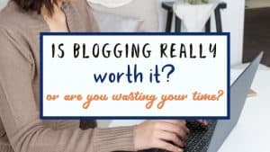 A social graphic image of blog post title and woman sitting at her computer and typing