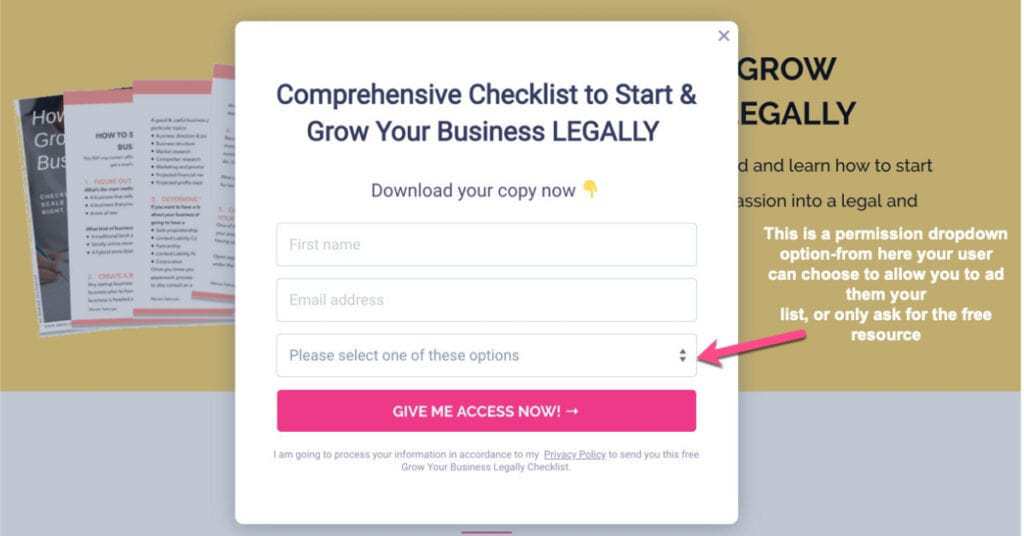 A screenshot of a popup box that provides people an option to sign up to receive a free checklist with GDPR dropdown options